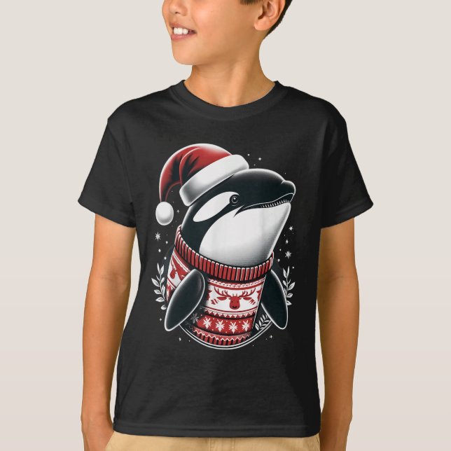 Niedliches Orca mit Weihnachtsmannmütze Whale Weih T-Shirt (Vorderseite)