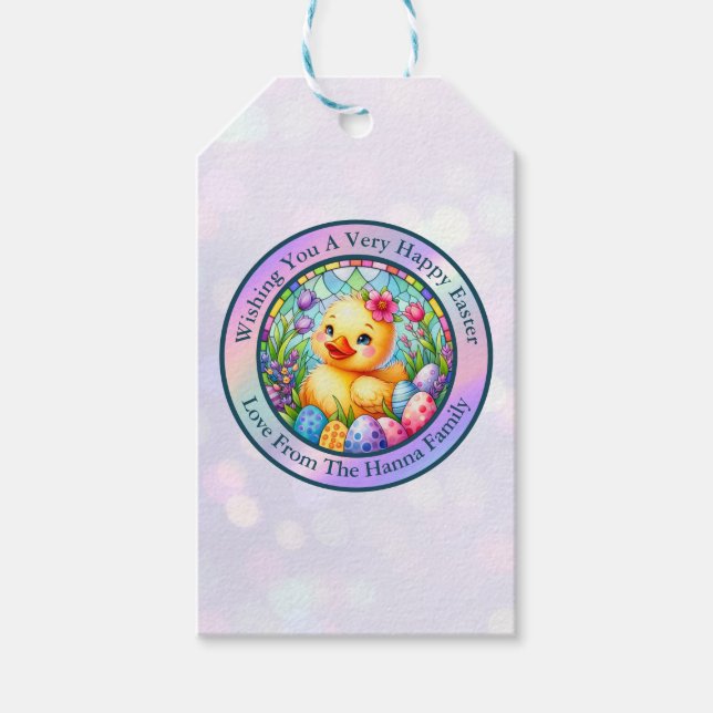 Niedliches Osterküken, Blume und bunte Eier Geschenkanhänger (Vorderseite)