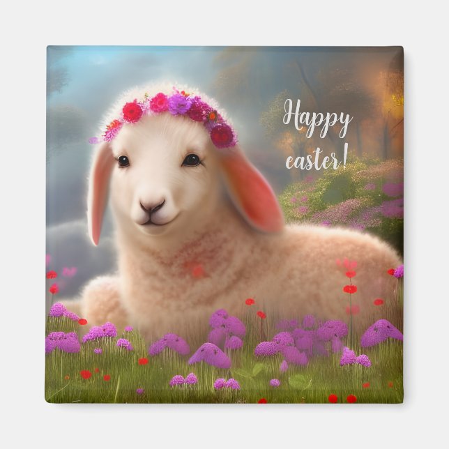 Niedliches Osterlamm mit Blume - Ostern Magnet (Vorne)
