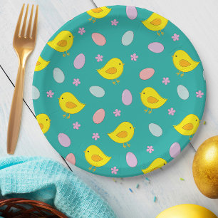 Niedliches Ostermuster Hühner Eier Aquamarine Farb Pappteller