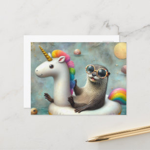 Niedliches Otter in einem Floating Unicorn Postkarte
