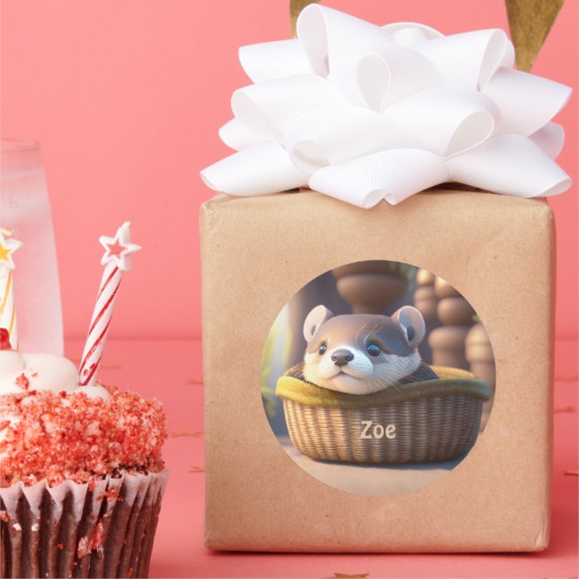 Niedliches Otterbaby in einem Korb - Kleinkinder Runder Aufkleber (Party)