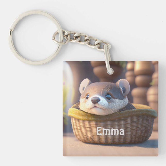 Niedliches Otterbaby in einem Korb - personalisier Schlüsselanhänger (Vorderseite)