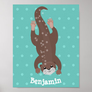 Niedliches Ottertauchen auf aquamariner Cartoon-Ab Poster