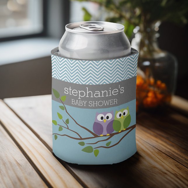 Niedliches Owl auf Branch - Blue Baby Boy Dusche Dosenkühler (Personalized Can Cooler - Add Custom Text or Name)