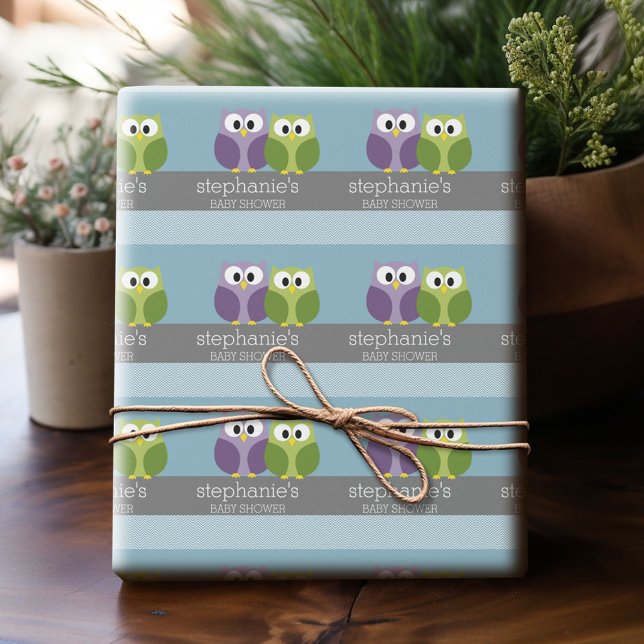Niedliches Owl auf Branch - Blue Baby Boy Dusche Geschenkpapier (Custom Wrapping Paper)