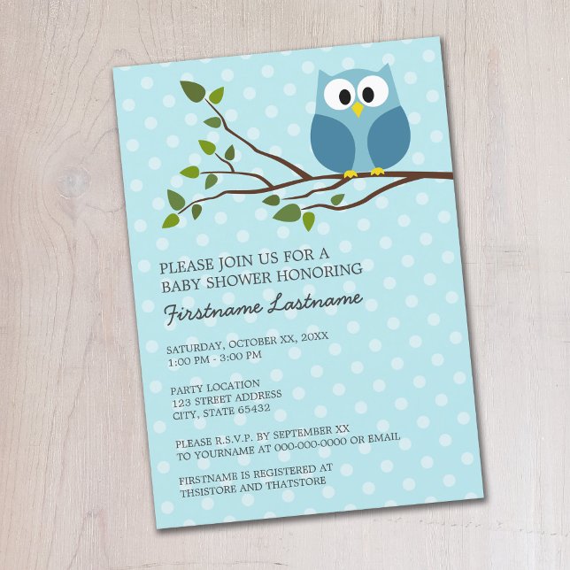 Niedliches Owl auf dem Zweig Light Blue Baby Boy D Einladung (Cute Woodland Owl Baby Shower Invitation - Pastel Blue Polka Dots)