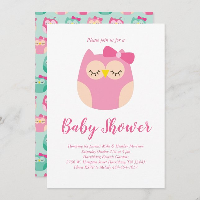 Niedliches Owl Baby Dusche Pink Bird Girl Einladung (Vorne/Hinten)