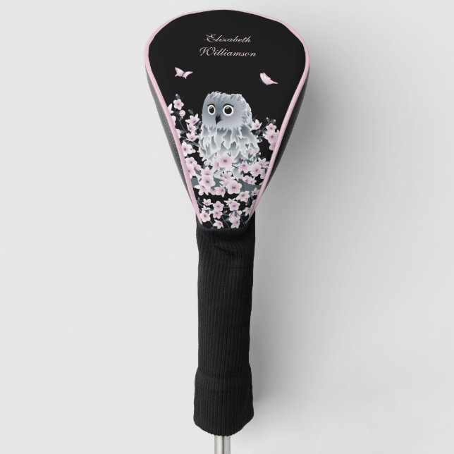 Niedliches Owl Cherry Blossom Pink Black  Golf Headcover (Vorderseite)