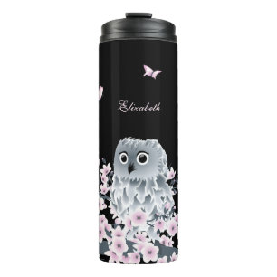Niedliches Owl Cherry Blossom Pink Black  Thermosbecher