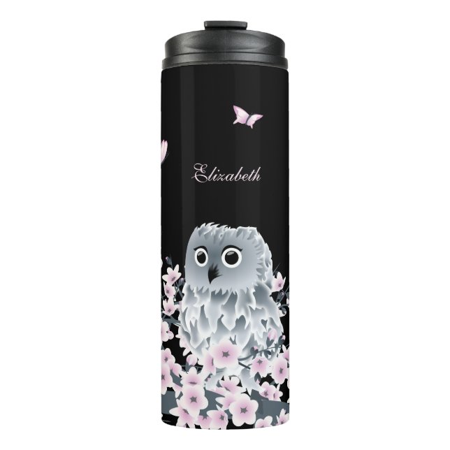 Niedliches Owl Cherry Blossom Pink Black  Thermosbecher (Vorderseite)