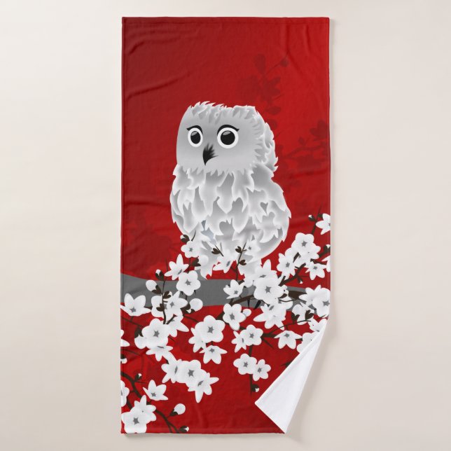 Niedliches Owl Cherry Blossom Schwarz-weiß Badehandtuch (Badehandtuch)