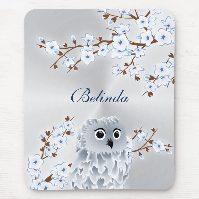 Niedliches Owl Cherry Blossom Silver White Monogra Mousepad (Vorne)