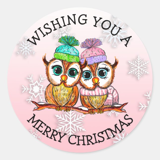 Niedliches Owl Couple Frohe Weihnachten Runder Aufkleber (Vorderseite)