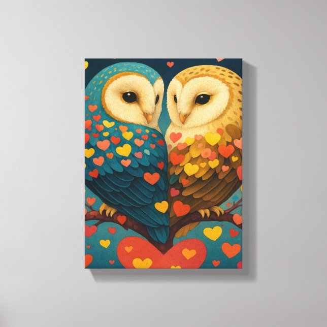 Niedliches Owl Couple mit Herz Romantische Illustr Leinwanddruck (Vorderseite)