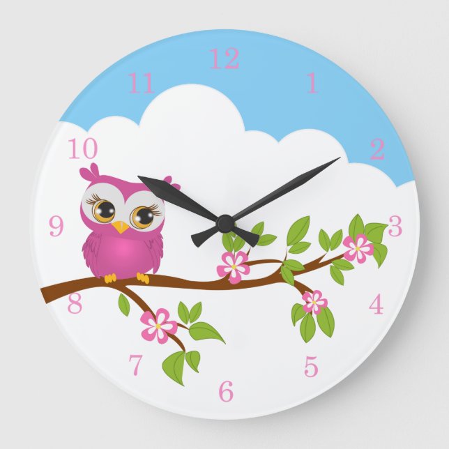 Niedliches Owl Girl an einer Zweigmauer Große Wanduhr (Vorderseite)