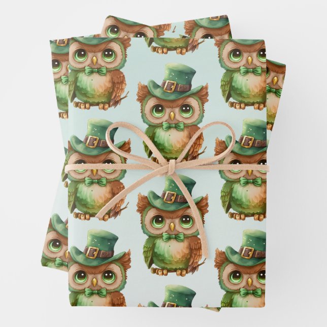 Niedliches Owl in einem Green Top Hat-Muster Geschenkpapier Set (Beispiel)