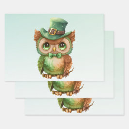 Niedliches Owl in einem grünen Top Hat Geschenkpapier Set
