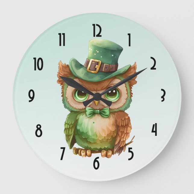 Niedliches Owl in einem grünen Top Hat Große Wanduhr (Vorderseite)