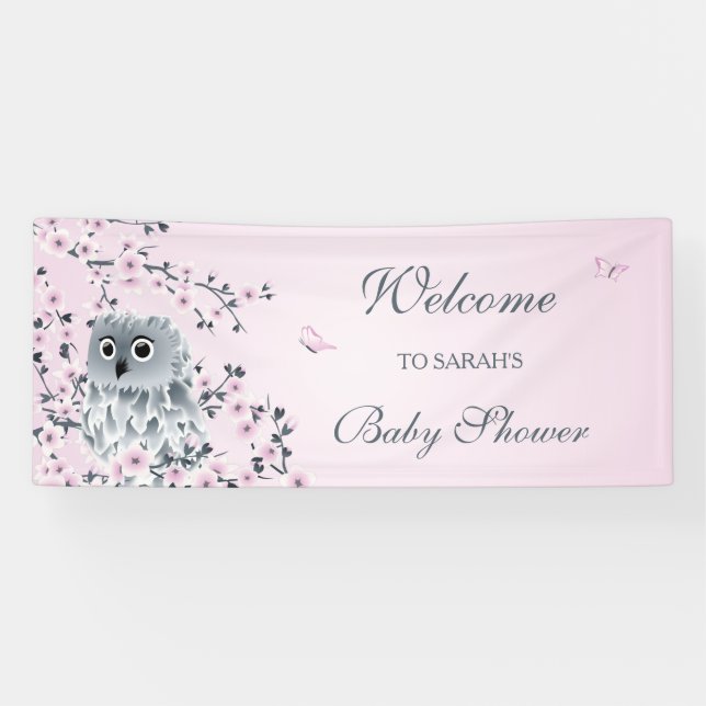 Niedliches Owl Pink Cherry Blossom Custom Baby Dus Banner (Horizontal)
