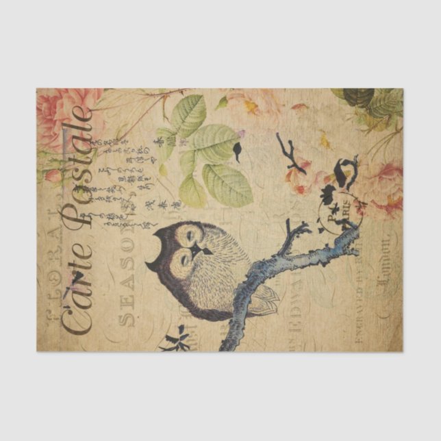 Niedliches Owl Pink Roses Französisch Ephemera Dec Seidenpapier (Vorderseite)