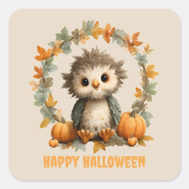 Niedliches Owl Pumpkin Happy Halloween Design Quadratischer Aufkleber (Vorderseite)