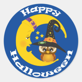 Niedliches Owl und MondHalloween Runder Aufkleber