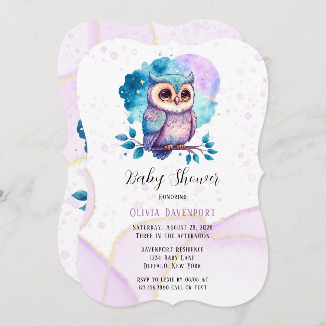 Niedliches Owl Watercolor Splash Girl Babydusche Einladung (Vorne/Hinten)