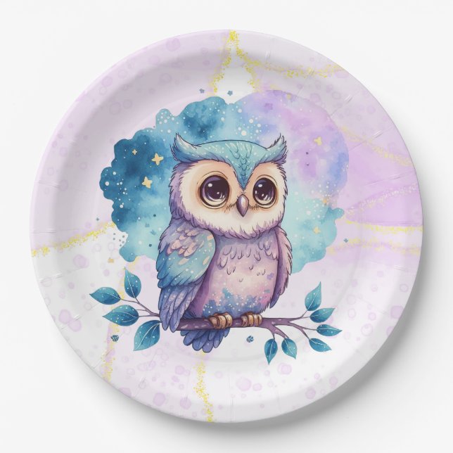 Niedliches Owl Watercolor Splash Girl Babydusche Pappteller (Vorderseite)