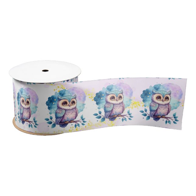 Niedliches Owl Watercolor Splash Girl Babydusche Satinband (Spule)