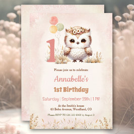 Niedliches Owl Woodland Boho Girl 1. Geburtstag Einladung
