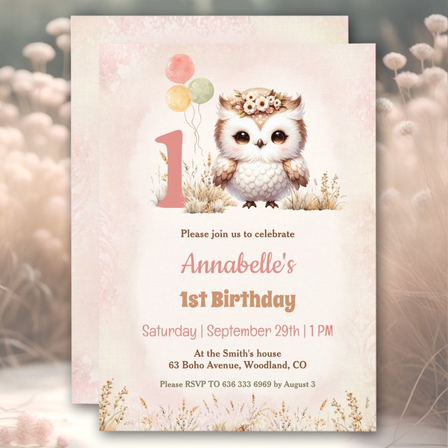 Niedliches Owl Woodland Boho Girl 1. Geburtstag Einladung (Cute Owl Woodland Boho Girl 1st Birthday Invitation)