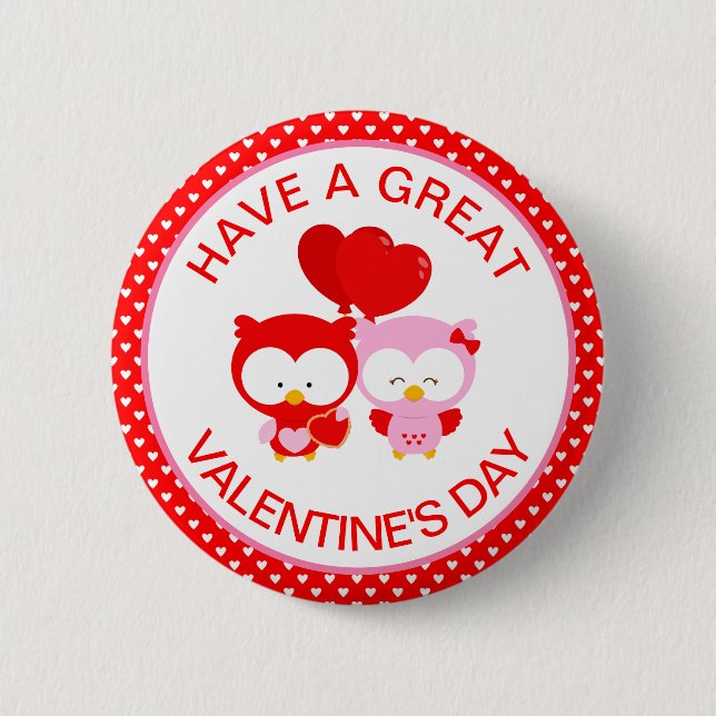 Niedliches Owls Couple and Hearts Valentinstag Button (Vorderseite)
