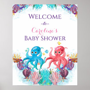 Niedliches Ozeanbaby Twin Octopus farbenfroh Willk Poster
