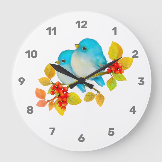 Niedliches Paar Bluebirds Wall Clock Große Wanduhr (Vorderseite)