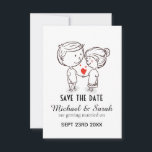 Niedliches Paar, das Save the Date Hochzeit Zeichn<br><div class="desc">Niedliche Save the Date Notenkarte mit illustriertem Paar in Liebe.</div>