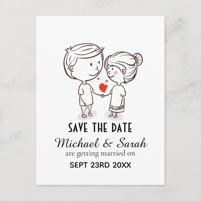 Niedliches Paar, das Save the Date Hochzeit Zeichn Postkarte (Vorderseite)