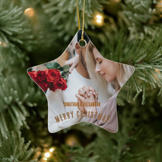 Niedliches Paar Luxuly Foto Goldener brauner Text Keramik Ornament (Baum)