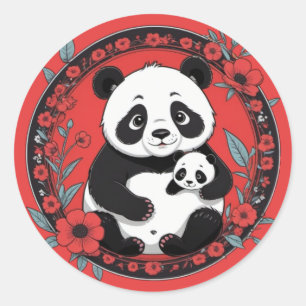 Niedliches Panda-Baby mit roten Blume Runder Aufkleber
