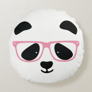 Niedliches Panda-Gesicht mit rosa Brille Rundes Kissen