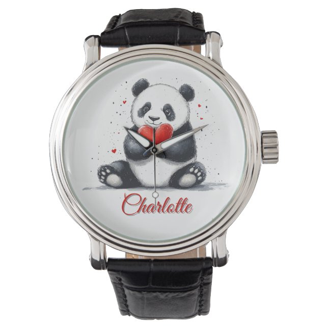 Niedliches Panda Holding Heart mit individualisier Armbanduhr (Vorderseite)