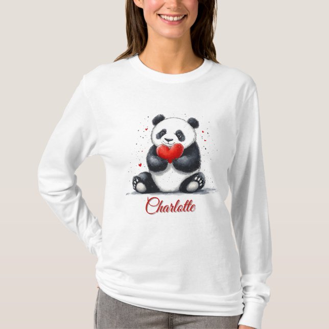 Niedliches Panda Holding Heart mit individualisier T-Shirt (Vorderseite)