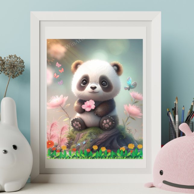 Niedliches Panda im Rosa Blumengarten Kunst, Dicht Poster (Von Creator hochgeladen)