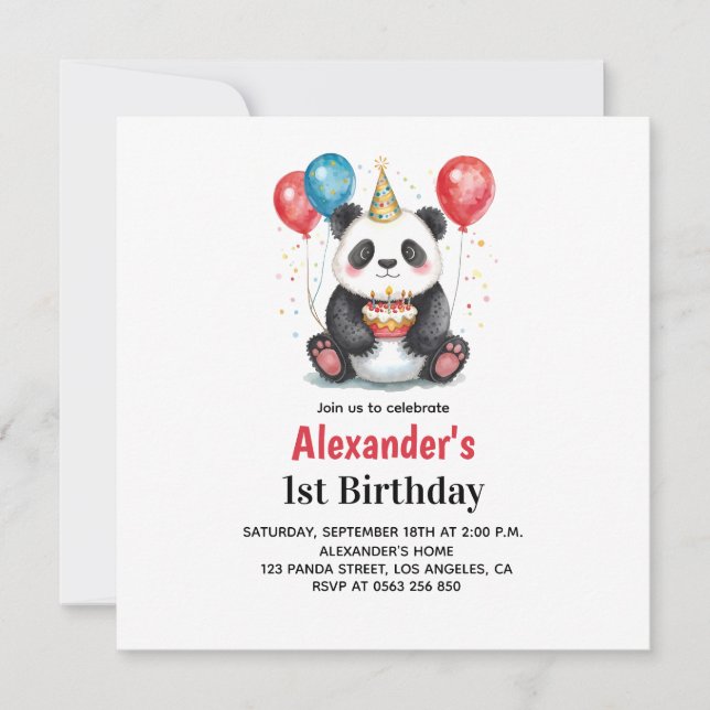 Niedliches Panda mit Balloons & Cake 1. Geburtstag (Vorderseite)