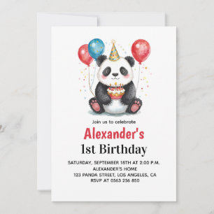 Niedliches Panda mit Balloons & Cake 1. Geburtstag Einladung
