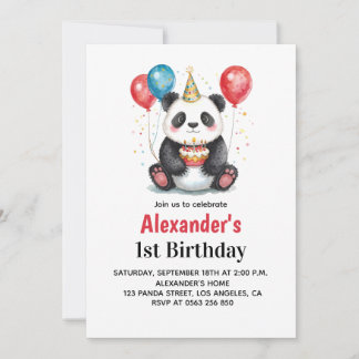 Niedliches Panda mit Balloons & Cake 1. Geburtstag Einladung