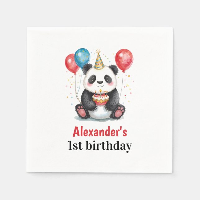 Niedliches Panda mit Balloons & Cake 1. Geburtstag Serviette (Vorderseite)