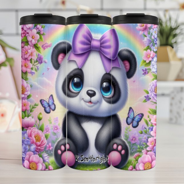 Niedliches Panda mit Lila Bow und Schmetterlingen Thermosbecher (Von Creator hochgeladen)