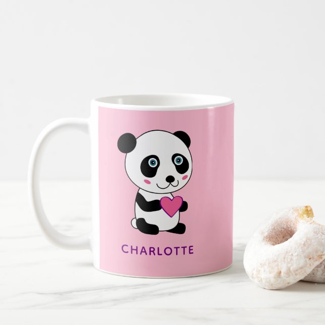 Niedliches Panda mit rosa Herz + Name Kaffeetasse (Mit Donut)