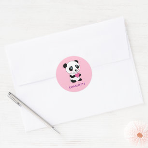 Niedliches Panda mit rosa Herz + Name Runder Aufkleber